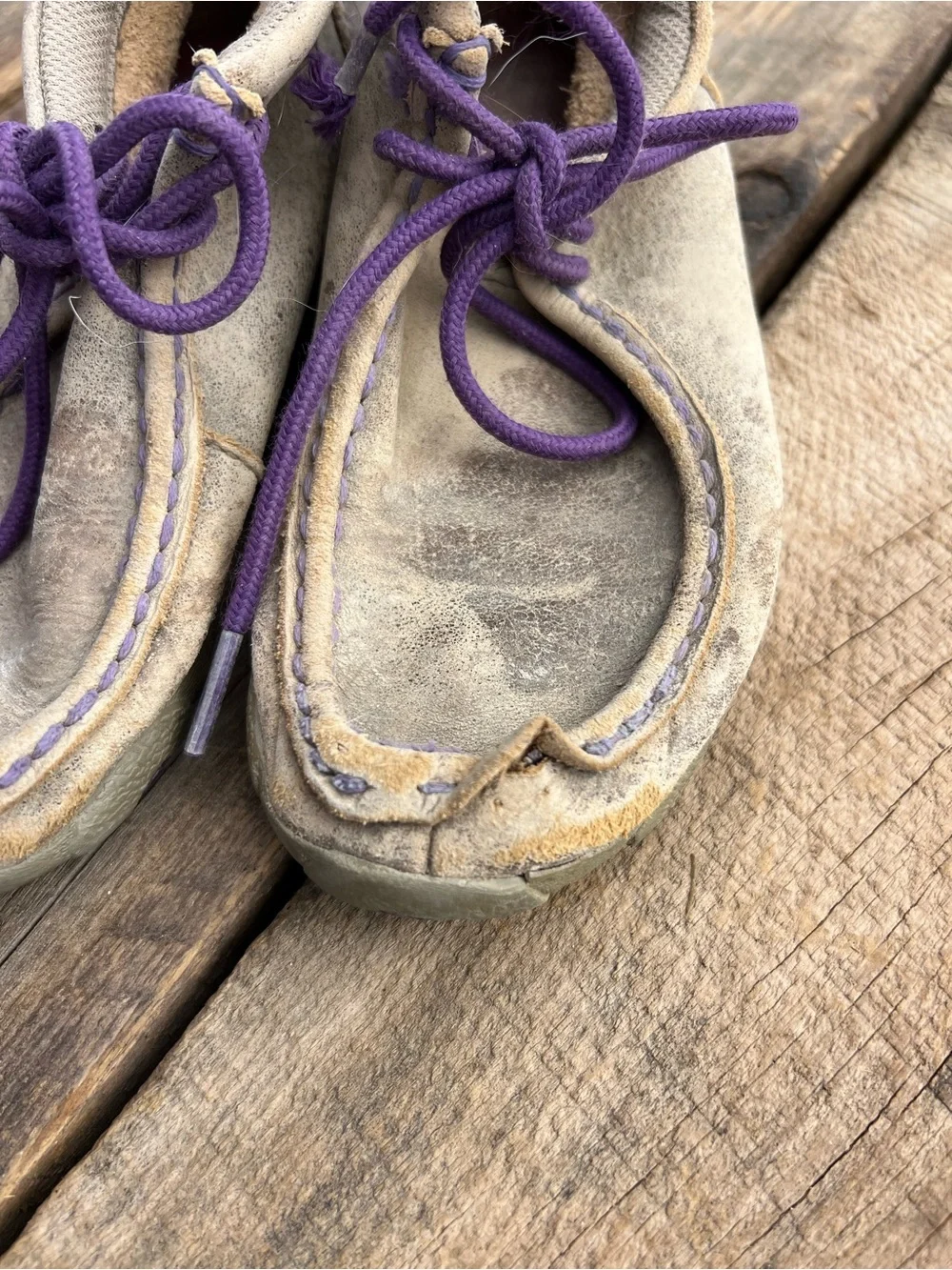 Timberland Taupe Suede Shoes with Purple Laces